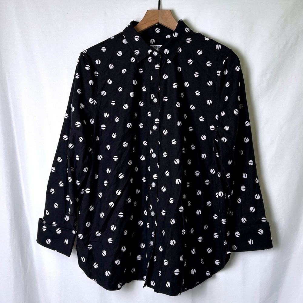 Chico's Women Geometric Dot Print Button Down Shirt Size 2/12 Black White Office